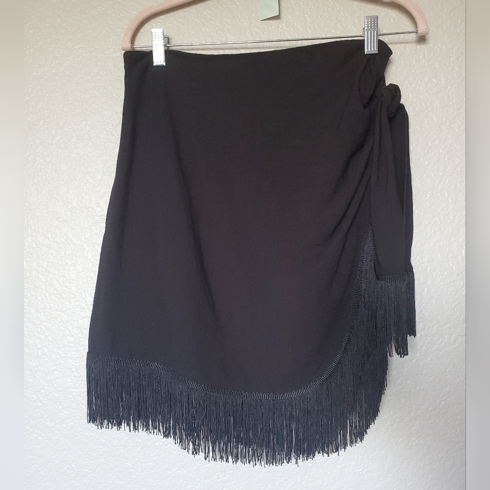 Sincerely Jules Black Asymmetrical Fringe Hem Skirt Side Knot Women’s Size Large